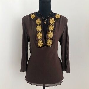Chocolate Brown Blouse with Gold Embroidery and Sequins
